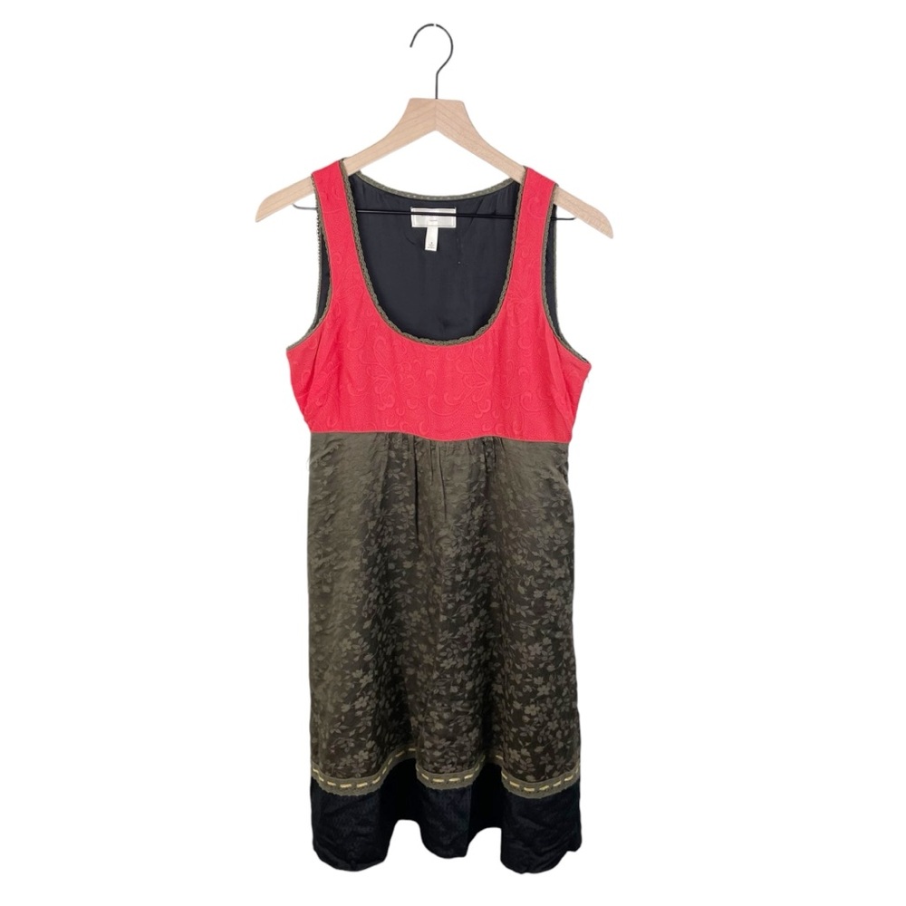 Anthropologie Moulinette Soeurs Silk Imprint Sleeveless Dress Coral Olive Size 4